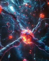 A microscopic view of neurons with glowing synapses and blue tinged dendrites in a dark environment. perfect for educational content, book covers, and creative storytelling.