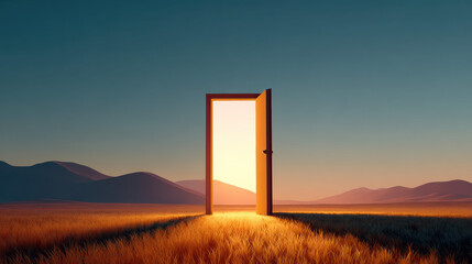 Open door standing in golden field with sunlight streaming through, creating sense of hope, opportunity, and mystery against mountain landscape at sunset