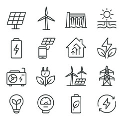 Sustainable Energy line art icons. Solar panel, wind turbine, hydroelectric dam, geothermal icon, battery storage, solar charger, energy efficiency, green lightning bolt, eco