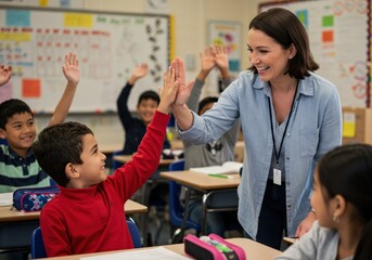 Teacher high-fiving a student in a bright and cheerful classroom setting.