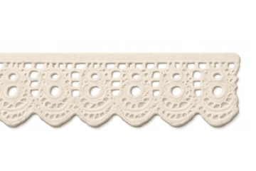 Delicate white lace ribbon featuring scalloped edges, intricate circular design, elegantly draped against transparent backdrop