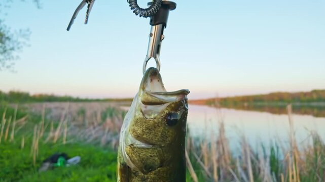 Largemouth bass fish catch holding by its mouth, fishing game sport. Big mouth bass on the lake of North America. Water sport hobbies, lifestyle fishing in the evening.