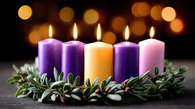 Advent wreath with five lit candles purple pink and yellow surrounded by green foliage glowing warmly in festive cozy atmosphere symbolizing hope and peace