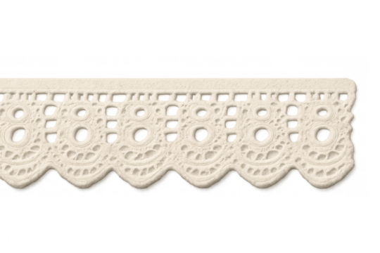 Delicate white lace ribbon featuring scalloped edges, intricate circular design, elegantly draped against transparent backdrop