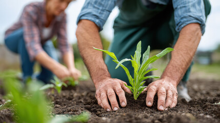 Fototapeta premium Close up of hands planting young green plant in soil, community garden teamwork, sustainable agriculture, outdoor activity, and environmental care