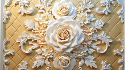 Elegant Floral Ornament Background, A Luxurious Embossed White Flower Design on Quilted Gold, Ornate Roses and Daisies in a Classical Art Deco Style