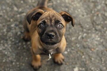 Adorable puppy sitting on gravel and looking up
