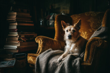 A small, mixed-breed dog with a light brown coat sits on a vintage armchair covered with a gray blanket. Books are stacked in the background, creating a cozy atmosphere.