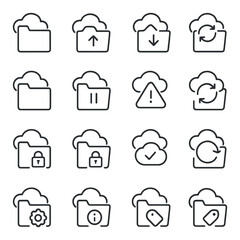 Cloud Sync Folders line art icons. cloud folder, cloud upload, cloud download, cloud sync, paused sync, sync complete, sync error, real-time sync, selective sync, cloud lock, cloud