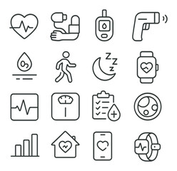 Health Monitoring line art icons. Heart rate sensor, blood pressure icon, glucose monitor, temperature gun, oxygen saturation, pedometer, sleep tracker, smart health band, ECG icon