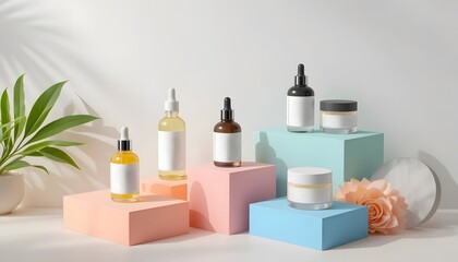 skincare cosmetic glass bottle and jars in minimal background
