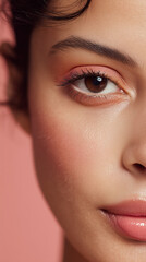Close-up of a young Hispanic woman with curly hair. She has soft pink-orange makeup and a natural look. The background is a matching guava color.