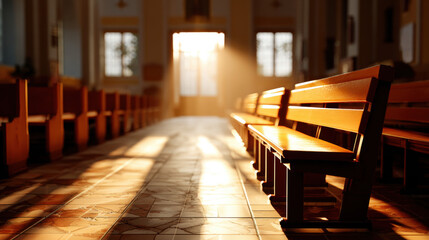 Empty pews in sunlit church interior with warm light streaming through windows, creating peaceful and serene atmosphere on tiled floor