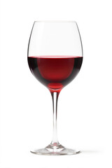 Glass of red wine on a clean white background, showcasing the elegant shape of the glass and the rich, deep hue of the wine