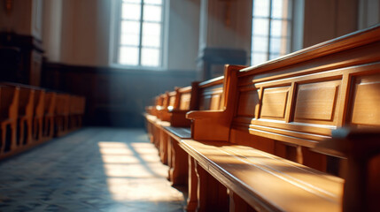 Sunlight streams through large windows onto empty wooden pews in peaceful church interior, creating serene and tranquil atmosphere