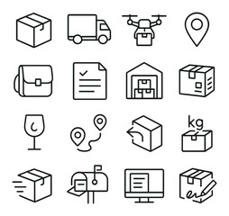 Delivery and logistics line art icons. parcel box, shipping truck, delivery drone, tracking icon, courier bag, order form, warehouse, shipping label, fragile symbol, delivery route