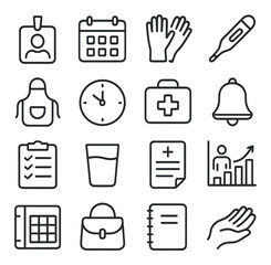 Caregiver Essentials line art icons. ID badge, caregiver schedule, hygiene gloves, thermometer, apron icon, time tracker, first aid kit, reminder bell, care checklist, water cup,