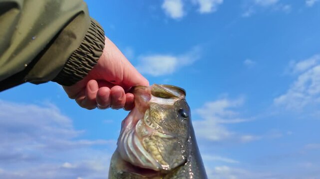 Largemouth bass fish. Large mouth bass fish catch during summer evening, close up details. Fish held by its mouth at the sun, catch and release in the lake of North America. Water sport, fishing game.