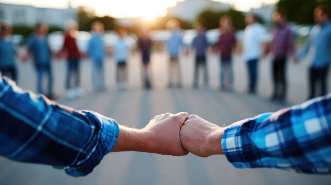 Group people holding hands circle outdoor unity teamwork friendship support togetherness community connection cooperation diversity casual sunlight street gathering cheerful collaboration trust