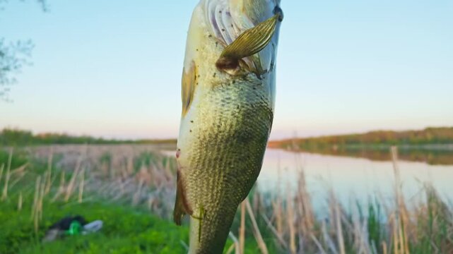 Largemouth bass fish catch holding by its mouth, fishing game sport. Big mouth bass on the lake of North America. Water sport hobbies, lifestyle fishing in the evening.
