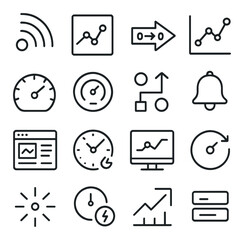 Real-Time Data line art icons. Live feed icon, real-time graph, streaming data arrow, time series chart, data speedometer, latency meter, event trigger, notification bell, dynamic
