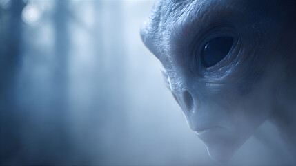 Mysterious Profile: Silhouetted Figure Against Ethereal Blue Light. Alien in a blue light. 
