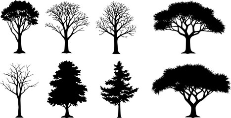 Fototapeta premium Silhouette icons of six different leafless tree shapes, Set of six black silhouette icons showing various leafless trees with distinct branch patterns and shapes.