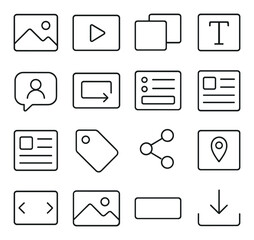Web Design Content line art icons. Image placeholder, video embed, gallery grid, text block, testimonial icon, callout box, contact form, blog post icon, article preview, tag label