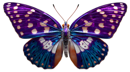 Vibrant purple and blue butterfly with white spots isolated on a transparent background