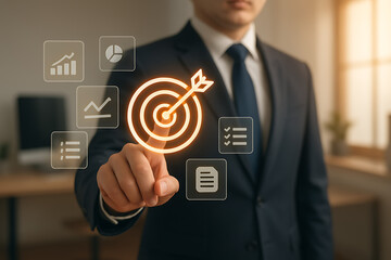 Businessman in suit pressing glowing digital target icon on virtual screen with business icons representing goal setting strategy performance and productivity in modern office environment