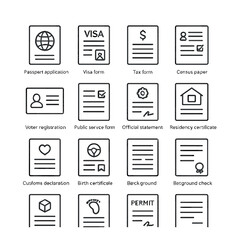 Government & ID Forms line art icons. Passport application, visa form, tax form, census paper, national ID form, voter registration, public service form, official statement,