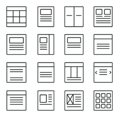 Web Design Layouts line art icons. Grid layout, single column, split screen, card layout, hero section, sidebar layout, content block, full-width section, sticky header, footer
