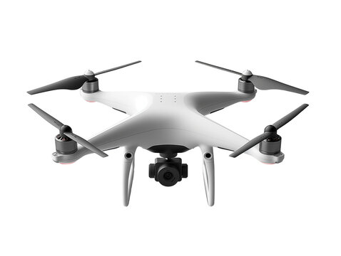 White quadcopter drone with mounted camera, Ideal for technology ads, aerial surveillance themes, or innovation visuals. Isolated on transparent background, png - Powered by Adobe