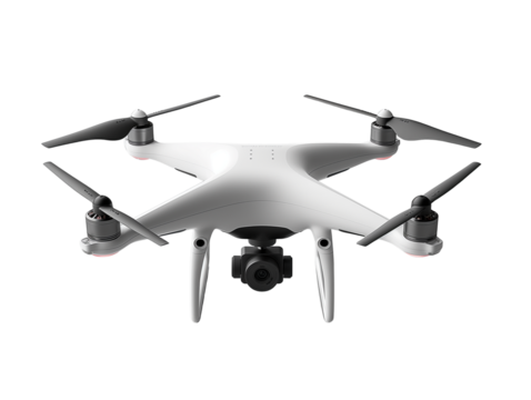 White quadcopter drone with mounted camera, Ideal for technology ads, aerial surveillance themes, or innovation visuals. Isolated on transparent background, png - Powered by Adobe