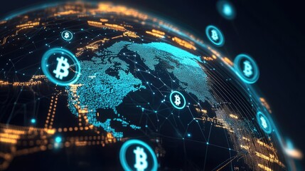 Glowing globe with bitcoin symbols and connecting digital nodes illustrates global blockchain networks and decentralized cryptocurrency transactions across continents. Generative by AI