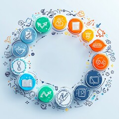 Colorful round icons arranged in a circle with hand drawn doodles on a white background art concept. perfect for educational content, book covers, and creative storytelling.