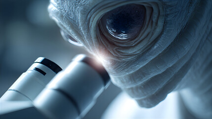 Close-up portrait of an alien looking through a microscope. UFO Day.