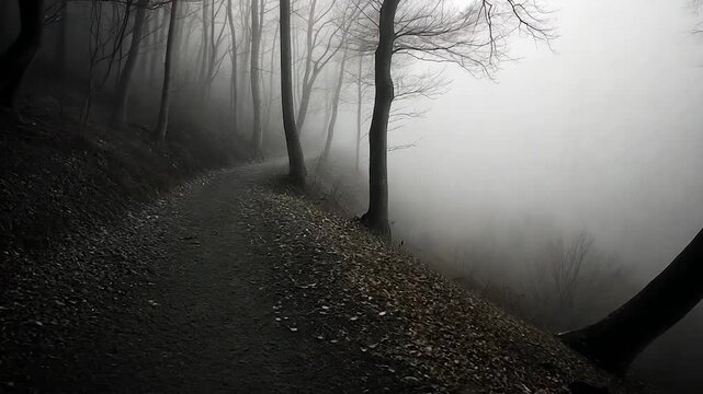 Pathway winding through a misty forest with leafless trees Foggy landscape with a mysterious atmosphere. Autumn leaves and soft lighting create a moody scene