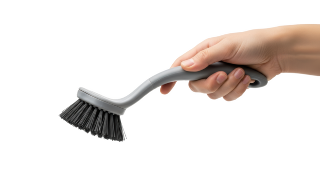 A hand holding a gray dish brush with black bristles against a black and white background space brush