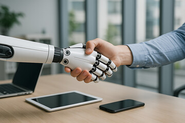Human shaking hands with robotic arm symbolizing future technology collaboration artificial intelligence partnership automation and innovation in modern digital workplace setting
