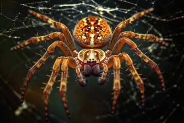 Close up of a european garden spider with orange and brown markings on its body and legs in its web