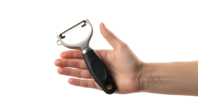 A hand holding a y shaped peeler with a black handle against a black and white background image