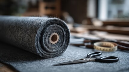 Thick gray acoustic fabric roll for soundproofing laid out with scissors and measuring tape on a warm-toned table