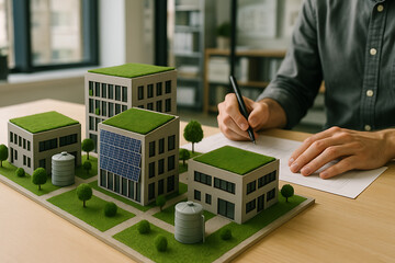 Architect working on sustainable city planning with modern eco friendly building models featuring solar panels green roofs trees and rainwater tanks for environmental urban development design