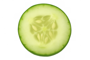 Cucumber slice revealing intricate seed pattern, crisp green texture gleaming on pristine white surface