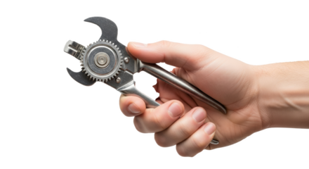 A hand holding a silver can opener with a gear mechanism against a black background in a close up shot
