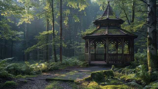 Aeolian Harp Rotunda in a historic park setting, featuring an old structure amidst summer scenery and mountains. Travel and nature theme