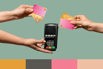 Hands holding payment terminal and credit cards on grey background. Different color patterns