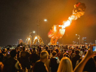 Dragon Bridge spewing fire. Da Nang, Vietnam