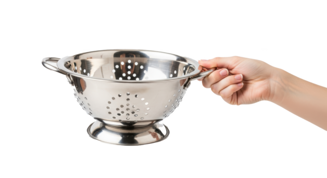 A hand holding a stainless steel colander with holes on a black background in a studio shot